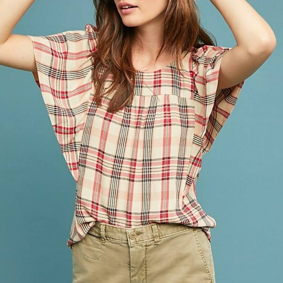Maeve Tops - Anthropologie Maeve Priscilla‎ Plaid Flutter Sleeve Top Womens Size S